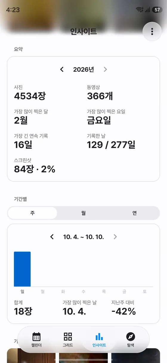 인사이트 탭. 연간 요약과 주간 막대 차트가 보여요.